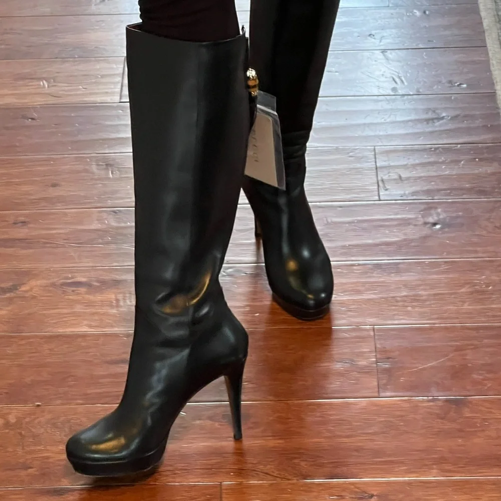 Gucci Knee High Tassel Boot EU 37  US 7Black Leather High Heel Platform - Picture 6 of 16